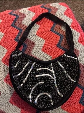 Vintage Black Sequin Crescent Shoulder Bag